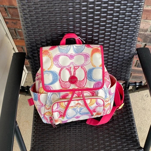 Coach Monogram Multicolor Canvas Leather Trim Scribble Poppy Backpack - Picture 4 of 15
